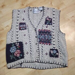 Vtg Portraits by Northern Isles Hand Knitted Vest Large Floral‎ Oatmeal Cottage